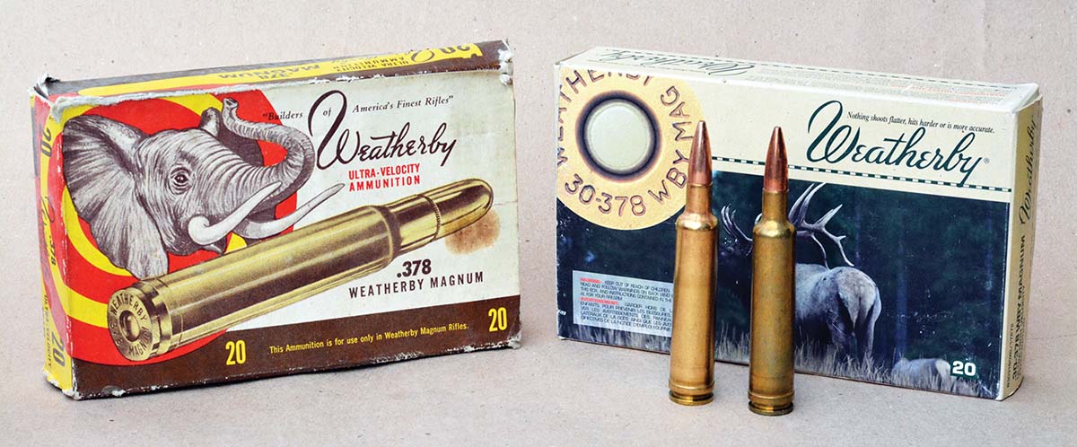 For comparison, the 300 Winchester Magnum (left) is almost dwarfed by the big 30-378 Weatherby Magnum (right).